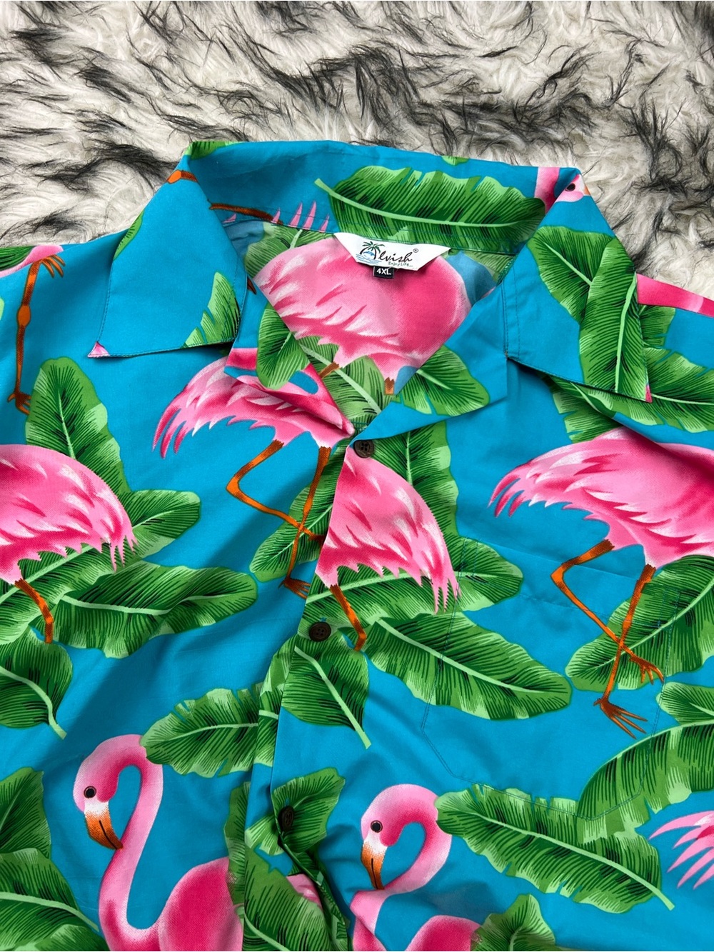 Vivid Flamingo Tropical Button-Up Shirt - Turquoise & Pink Alvish size 4XL
